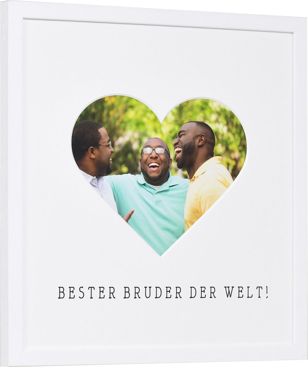 seitliche Ansicht eines Bilderrahmens mit Herzausschnitt für den besten Bruder der Welt in der Farbe Weiss